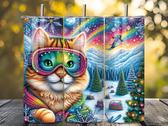 Download Cute Ski Cat Winter Rainbow Tumbler Wrap - Winter Collection
